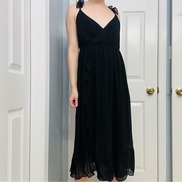 Madewell Dress Midi Black Ruffle V-Neck Whimsigoth Cocktail 8 Petite Medium - Picture 1 of 8